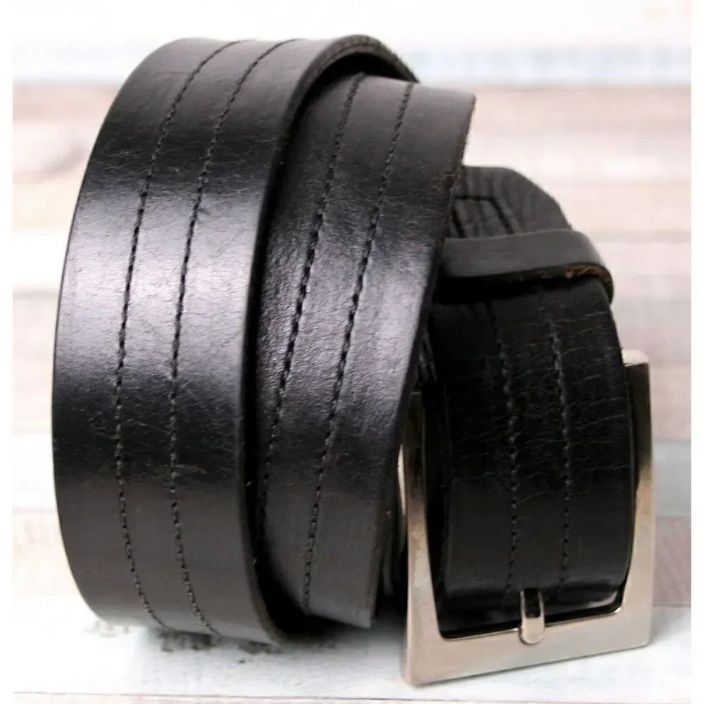 GUATEMALA BLACK GENUINE LEATHER 1.5"Wd STITCHED CASUAL WOMEN'S BELT Sz L (G91
